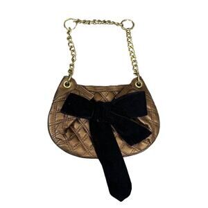 BCBGMaxAzria Gold Bronze Look Quilted Purse Handbag Black Velvet Bow Chain